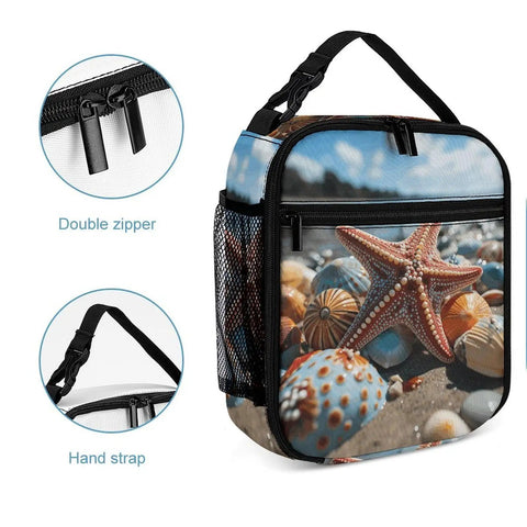 Colorful Starfish Beach Lunch Box Insulated Tote With Side Pocket featuring double zipper and detachable handle.