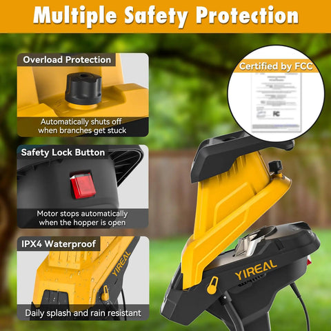 Upgraded 3-Blade Electric Wood Chipper With 15 Amp Motor showing safety features like overload protection and FCC certification