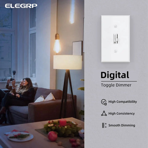 Digital Toggle Dimmer Switch For Dimmable LED CFL And Incandescent Bulbs, Single Pole Or 3 Way, UL Listed, installed wall scene