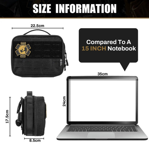 Vehicle IFAK Trauma Kit With CAT Tourniquet, Black Tactical First Aid Kit In MOLLE Pouch size comparison with notebook