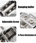 Damping buffer, adjustable screw, and 5-piece resistance arm on 35mm Short Arm Inset Hinges featuring breezy soft close.