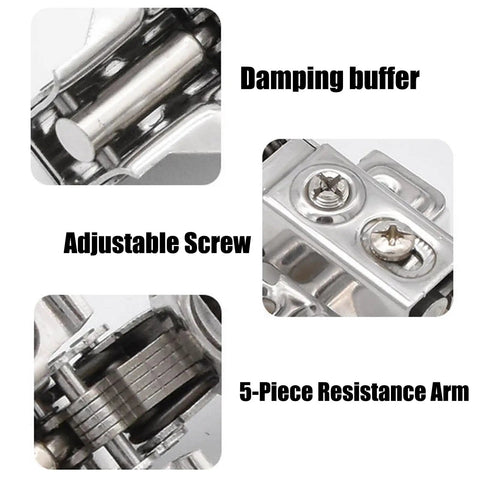 Damping buffer, adjustable screw, and 5-piece resistance arm on 35mm Short Arm Inset Hinges featuring breezy soft close.