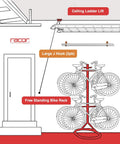 Freestanding 4 Bike Rack With Adjustable Arms in a garage setting, showcasing space-saving floor stand and anti-slip rubber feet.