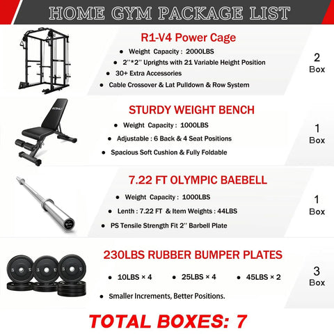 Home gym package list featuring Built Like A Tank Power Cage Rack With Cable Crossover System And 2000 Pound Load Bearing Capacity.