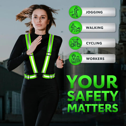 Woman jogging in urban area wearing high visibility reflective vest with safety icons for jogging, walking, cycling, and workers.
