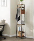 Freestanding Coat Rack With Seven Hooks And Three Shelves For Entryway Or Hallway, Industrial Rustic Brown And Black Finish, shown in corner view