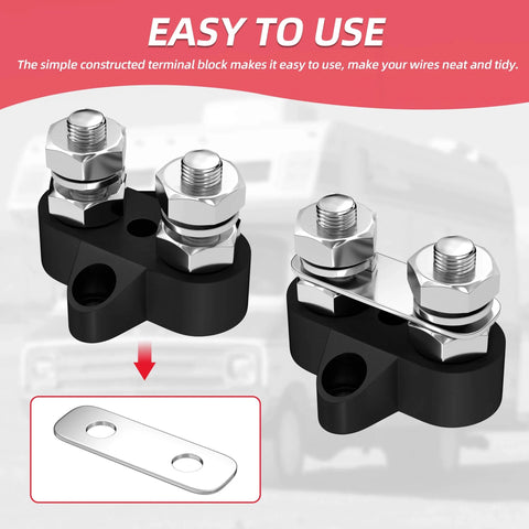 Image of Beefed Up 12V 200A Power Distribution Block With Dual Five Sixteenth Inch M8 Studs in red and black for auto use.