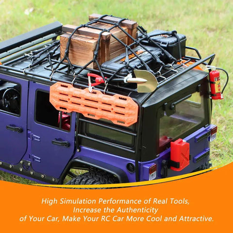 1/10 RC Crawler Accessories Storage Box Wood Box Luggage Net Fuel Box Shovel Fire Extinguisher Recovery Board For Traxxas TRX4 Axial SCX10 Redcat Gen 7 8 Black displayed on RC car roof.