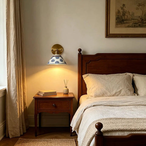 MECOLA Vintage Ceramic Shade Wall Sconce Adjustable Angle Wall Mount Light in a cozy bedroom with vintage wooden furniture.