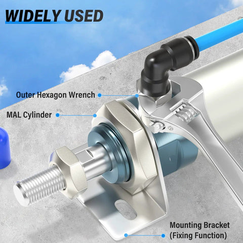 Pneumatic Male Elbow Push To Connect Fittings 6mm Tube OD X 1 Eighth Inch NPT Thread 90 Degree Copper and Plastic adapter connected to cylinder.