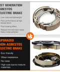 Two 12x2 inch electric trailer brake assemblies for left and right sides; shown with non-asbestos brake comparison graphic.