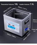 10 Liter Ultrasonic Cleaner With Heated Tank And Easy Turn Knobs To Beat Crud Off Carburetors and Heavy Duty Mechanic Tools in Every Weekend Garage Shop dimensions illustration.