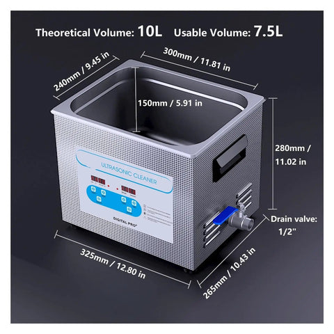 10 Liter Ultrasonic Cleaner With Heated Tank And Easy Turn Knobs To Beat Crud Off Carburetors and Heavy Duty Mechanic Tools in Every Weekend Garage Shop dimensions illustration.