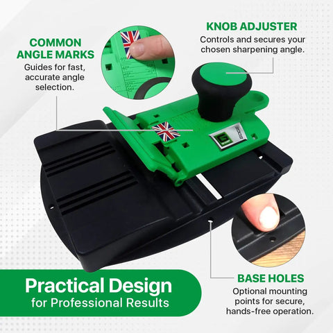 High Octane Adjustable Chisel Sharpener With Four Diamond Honing Stones For Plane Irons And Woodworking Blades 22 To 90 Degree Angles Dead On Precision with angle marks and knob adjuster.