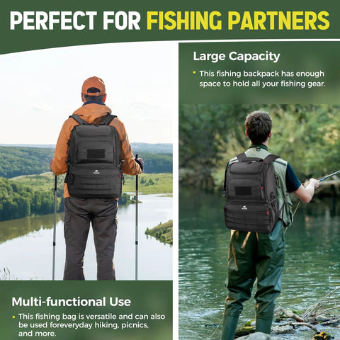Two outdoor enthusiasts wearing a black fishing backpack with built in cooler water resistant tackle bag with rod holders in nature.