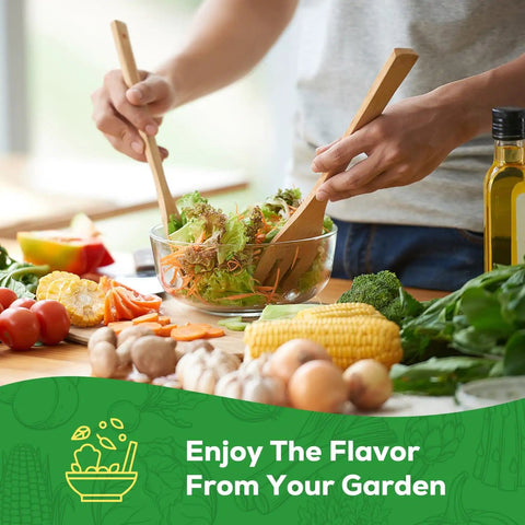 Person preparing salad with fresh vegetables next to a variety of greens, showcasing Heirloom Lettuce Seed Collection for Home Garden and Hydroponics - 10 Varieties Non-GMO For Farm-Fresh Greens You Can Grow At Home Including Spinach Kale Arugula Romaine Iceberg Buttercrunch and More.
