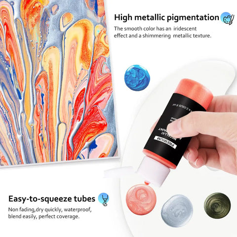 Hand holding metallic acrylic paint tube, vibrant colors on canvas, highlights on pigmentation and texture with text overlay.