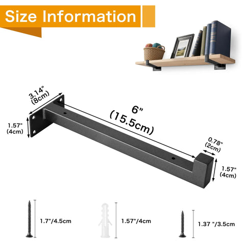 Beefy 6 Inch Black Shelf Brackets Set For Wall Mounting Heavy Duty Industrial Shelving Supports With Lip 6 Pack dimensions shown