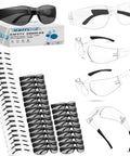 Top Shelf Tinted Safety Glasses Bulk Pack Includes 50 Pieces For Men And Women With Ansi Z87.1 Certification including black and clear styles.