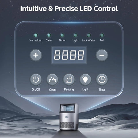 LED control panel of Boss Level Under Counter Ice Maker With 200lbs Per Day Output, 96 Clear Ice Cubes Per Cycle, Quick 7 To 14 Minute Freeze, Stainless Steel Commercial Ice Machine For Cafe Bar Restaurant And Beverage Shops.