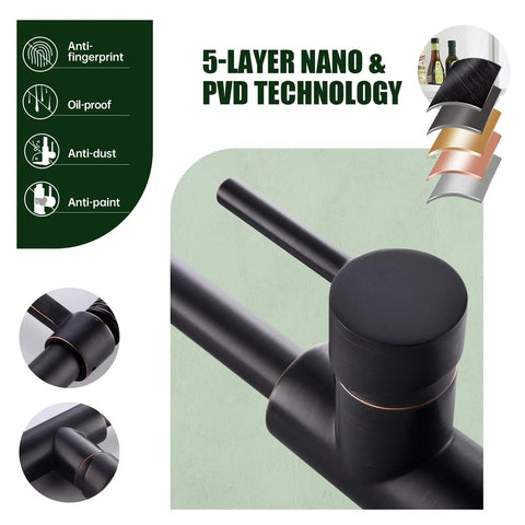 Oil Rubbed Bronze Heavy Duty Commercial Pull Down Kitchen Faucet With Soap Dispenser close-up of single handle and finish
