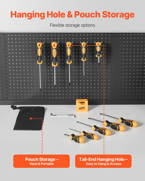 12 Piece Screwdriver Set With Magnetic Tips And Crv Steel Build stored in pouch and hanging storage on pegboard.