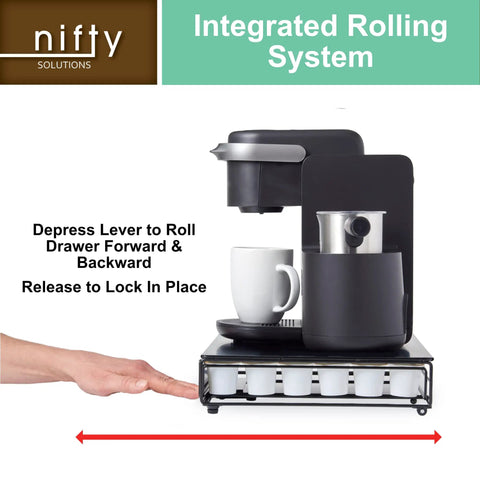 Under Coffee Pot Storage Sliding Drawer Space Saver For K Cup Pods, Black, 30 Pod Capacity, Non Rolling, Compact Counter Organizer For Home Kitchen Fits Most K Cup Pods, Keeps Counters Clean, Easy Slide, Non Slip Base, Black Finish