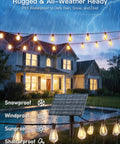 100Ft Outdoor Solar String Lights With Remote Control, 36 LED, waterproof, displayed over house in rain, highlighting durability