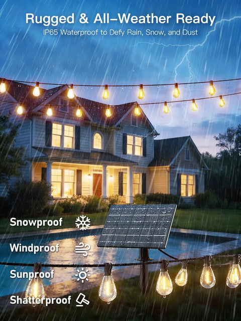 100Ft Outdoor Solar String Lights With Remote Control, 36 LED, waterproof, displayed over house in rain, highlighting durability