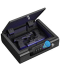 Open Portable Biometric Gun Safe With LED Light and electronic lock, displaying two pistols inside, ideal for bedside use.