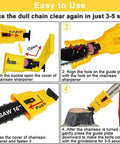 Instructional image showing how to use the Universal Chainsaw Teeth Sharpener With Six Fast Sharpening Stones on a 16-inch chainsaw.