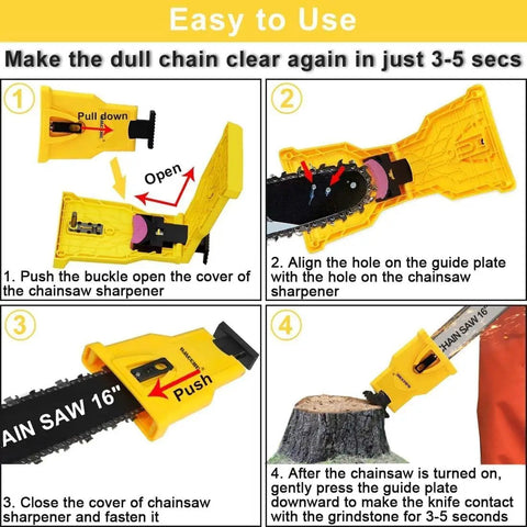 Instructional image showing how to use the Universal Chainsaw Teeth Sharpener With Six Fast Sharpening Stones on a 16-inch chainsaw.