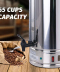 Close-up of a 65-Cup Commercial Coffee Urn with 10.5 Qt Capacity, 1250W Stainless Steel Percolator, shown next to coffee beans.