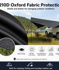 Portable Car Side Awning 210D Blackout Oxford Canopy Shelter Quick Suction Cup Setup With Heavy Pole Stake Kit, black fabric with outdoor setup.