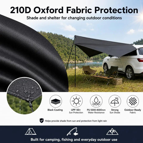 Portable Car Side Awning 210D Blackout Oxford Canopy Shelter Quick Suction Cup Setup With Heavy Pole Stake Kit, black fabric with outdoor setup.