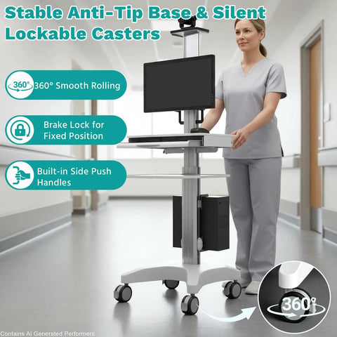 Slick Rolling Medical Computer Cart With Secure Monitor Mount And Fully Height Adjustable Mobile Workstation featuring stable anti-tip base and lockable casters.