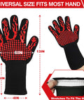 Heat-resistant black glove with red flame design, 13-inch length, universal fit, demonstration of stretching ability.