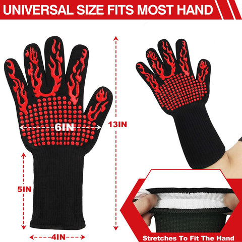 Heat-resistant black glove with red flame design, 13-inch length, universal fit, demonstration of stretching ability.