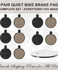 Five Pairs Low Noise Disc Brake Pads For Mountain Bikes Ebikes And Scooters Semi Metallic Resin Braking Pads Kit With Smooth Stopping No Squeal Braking Quiet Performance Durable Wear Protection Universal Fit And Easy Installation, showing ten round pads and a white rotor.