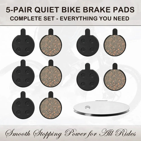 Five Pairs Low Noise Disc Brake Pads For Mountain Bikes Ebikes And Scooters Semi Metallic Resin Braking Pads Kit With Smooth Stopping No Squeal Braking Quiet Performance Durable Wear Protection Universal Fit And Easy Installation, showing ten round pads and a white rotor.