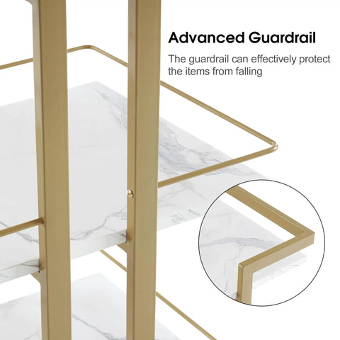 Close-up of Pro Grade Heavy Duty Metal Utility Salon Trolley guardrail and marble shelves showing stability features.