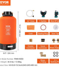 Portable 16,000 Grain RV Water Softener with three quarter inch brass fittings, 42 inch hose, and accessories layout.