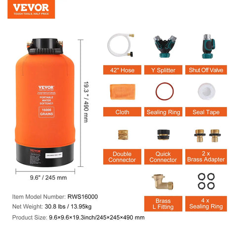 Portable 16,000 Grain RV Water Softener with three quarter inch brass fittings, 42 inch hose, and accessories layout.