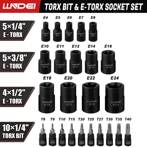 24-piece Torx Bit And Female External Socket Set with Torx Star Bits T8-T40 and E-Torx Sockets E4-E24