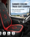 Chill Out Hot Summer Drives With These Wooden Beaded Truck Seat Cushions For Workhorse Electric Delivery Vans 2024+ Heavy Duty Cool Breathable Red Pad in truck cabin.