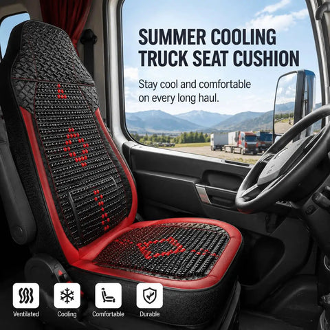 Chill Out Hot Summer Drives With These Wooden Beaded Truck Seat Cushions For Workhorse Electric Delivery Vans 2024+ Heavy Duty Cool Breathable Red Pad in truck cabin.