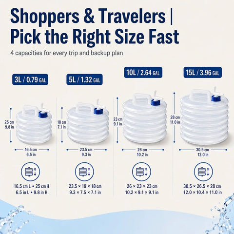 Sizes of Collapsible Water Container With Spigot for Camping, RV, Hiking, Travel, Emergency Prep, LDPE jug in 3L, 5L, 10L, 15L.