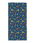 Ultra Soft Microfiber Bath Towel For Adults Quick Dry Absorbent Gym features colorful vehicles and signs on a blue background