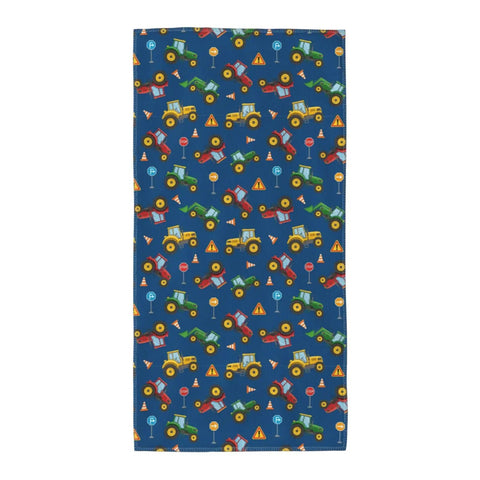 Ultra Soft Microfiber Bath Towel For Adults Quick Dry Absorbent Gym features colorful vehicles and signs on a blue background