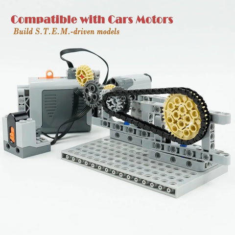 Gear Builder Bulk Kit For Brick Creations setup with axles, gears, and chains on a base, compatible with cars motors.